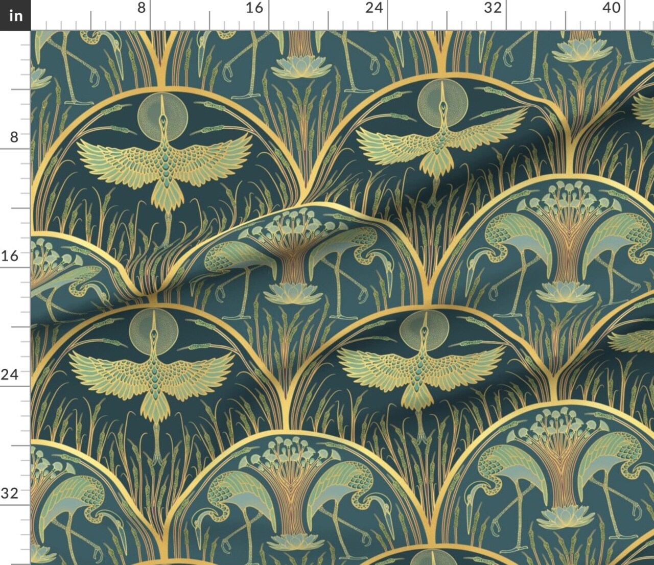 Art Deco Crane Art Nouveau Moonlight Cattails Elegant Flowers Blue Teal Yellow Coastal Marsh Custom Printed Fabric by Spoonflower Various Fabrics by the Yard or Fat Quarter
